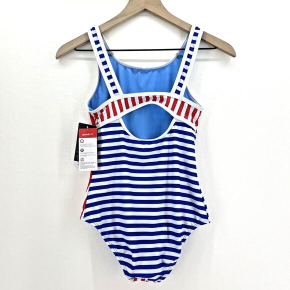 Speedo Girls One-Piece Swimsuit Size 14 Red White Blue Striped Patriotic NWT - Picture 2 of 3
